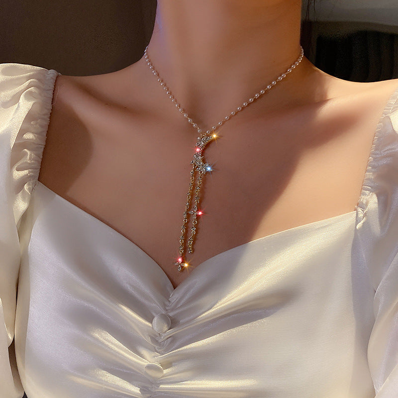 Pearl & Rhinestone Tassel Choker Necklace