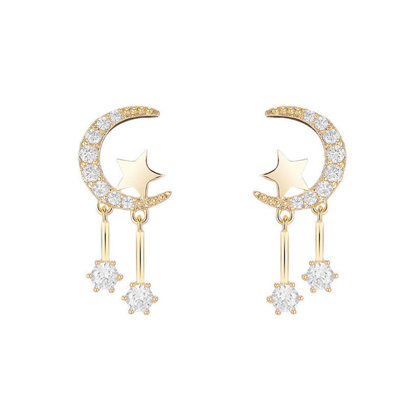 Silver Moon & Star Stud Earrings – Minimalist Zircon Celestial Earrings