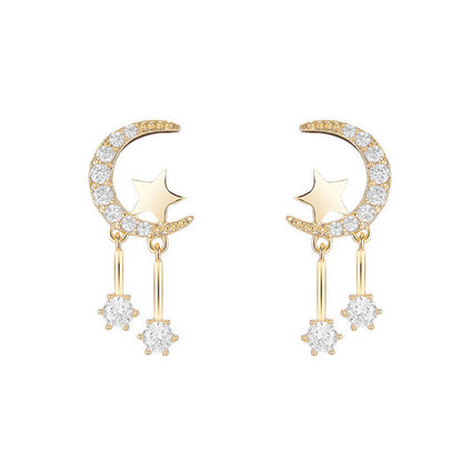 Silver Moon & Star Stud Earrings – Minimalist Zircon Celestial Earrings