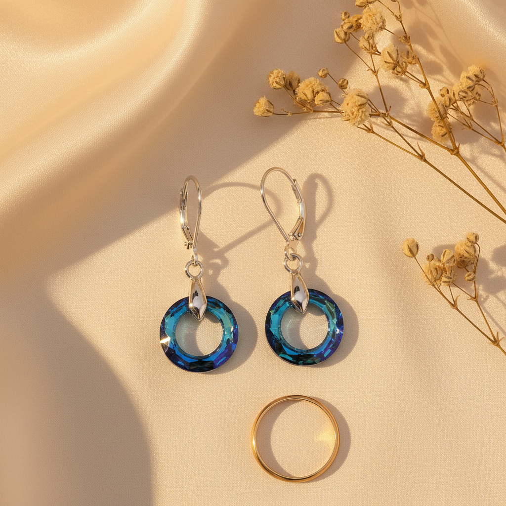 925 sterling silver circle drop earrings with a Bermuda Blue crystal