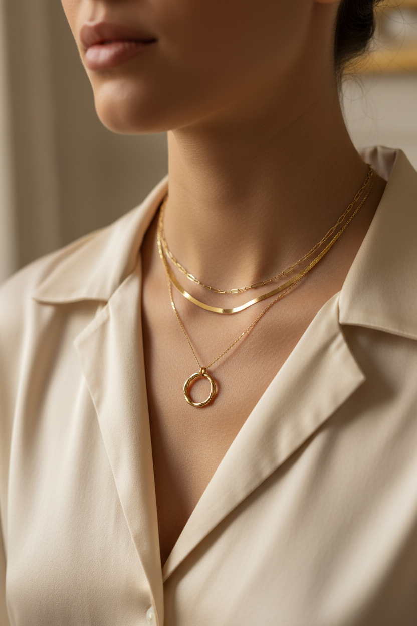 Three-piece 14K gold-plated layered necklace set worn at the collarbone