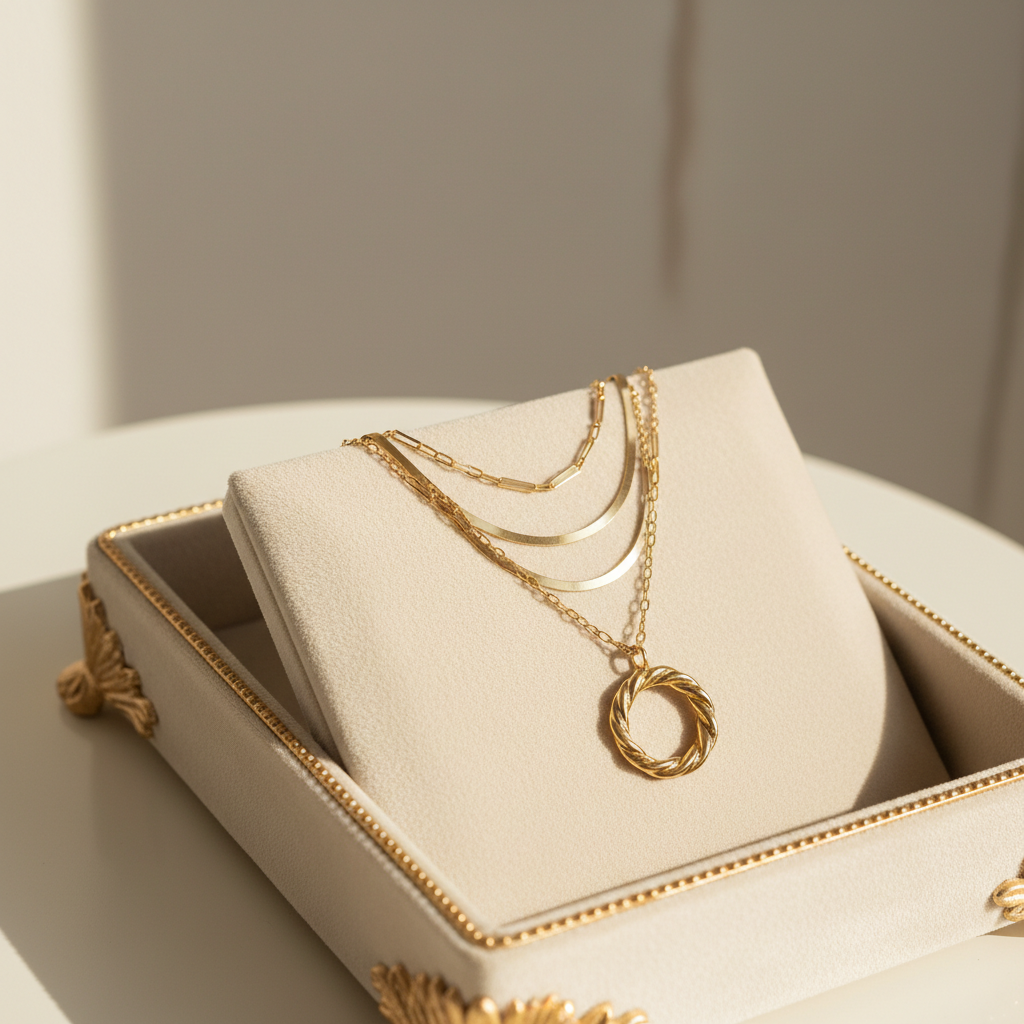 14K gold-plated layered necklace set with three coordinating chain styles