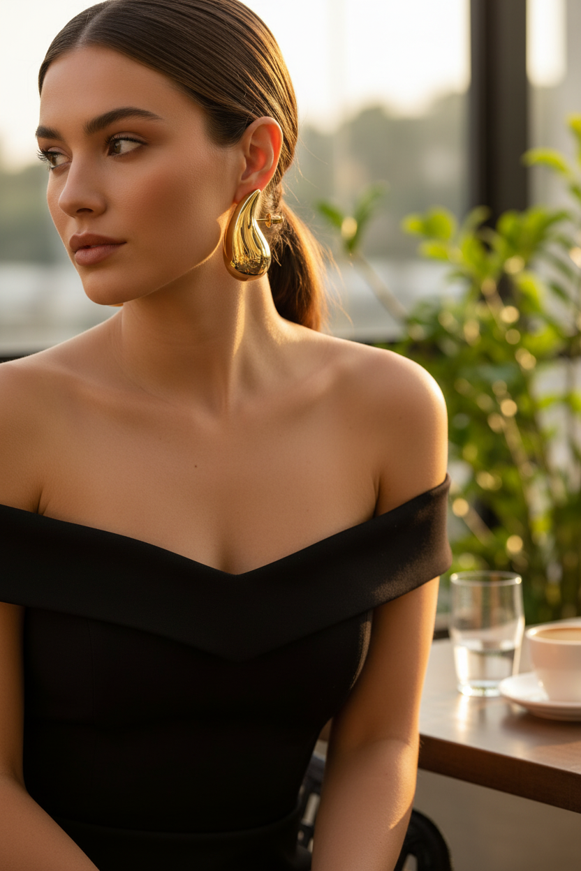 Chunky gold-tone brass dome teardrop earrings worn in warm light