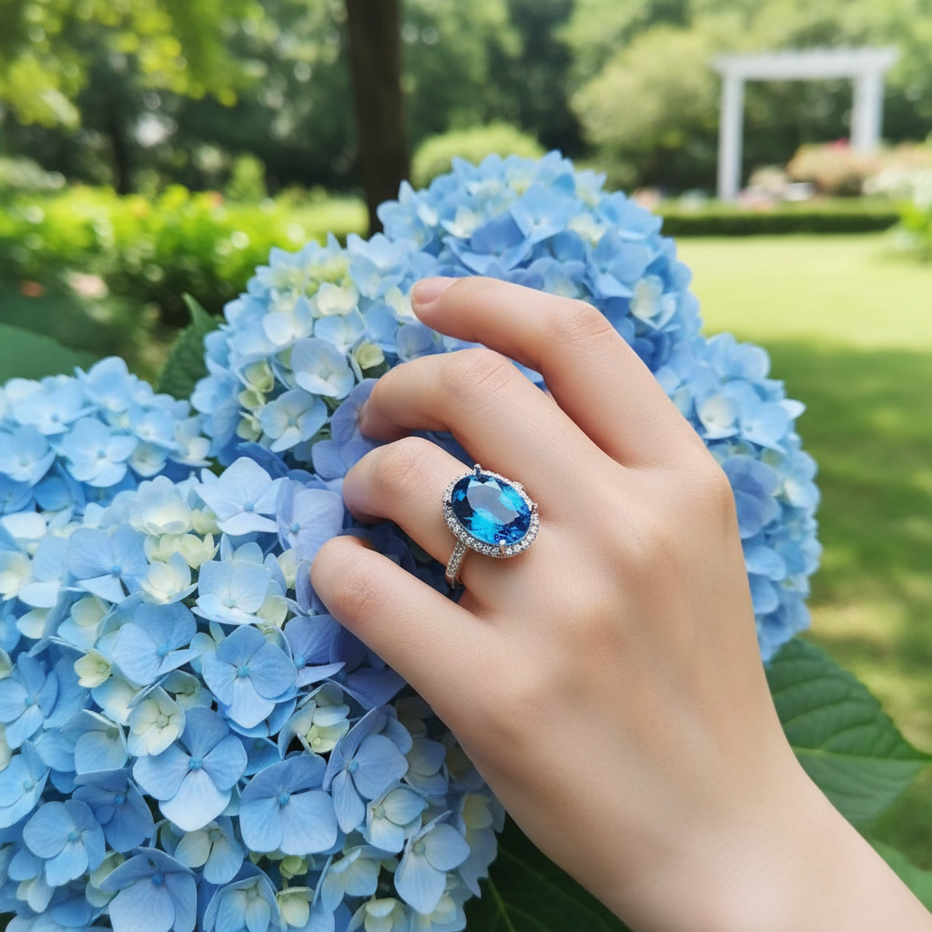 Natural London Blue Topaz Geometric Ring – Rose Gold & White Gold Plated Silver