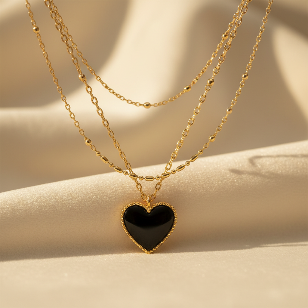 14K gold plated layered necklace with onyx black heart pendant on cream background