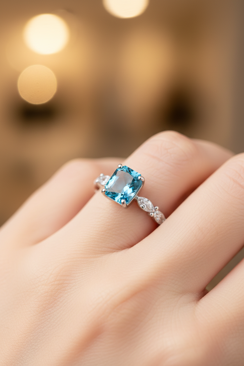 Macro close-up of natural blue topaz hexagonal ring worn on woman's finger