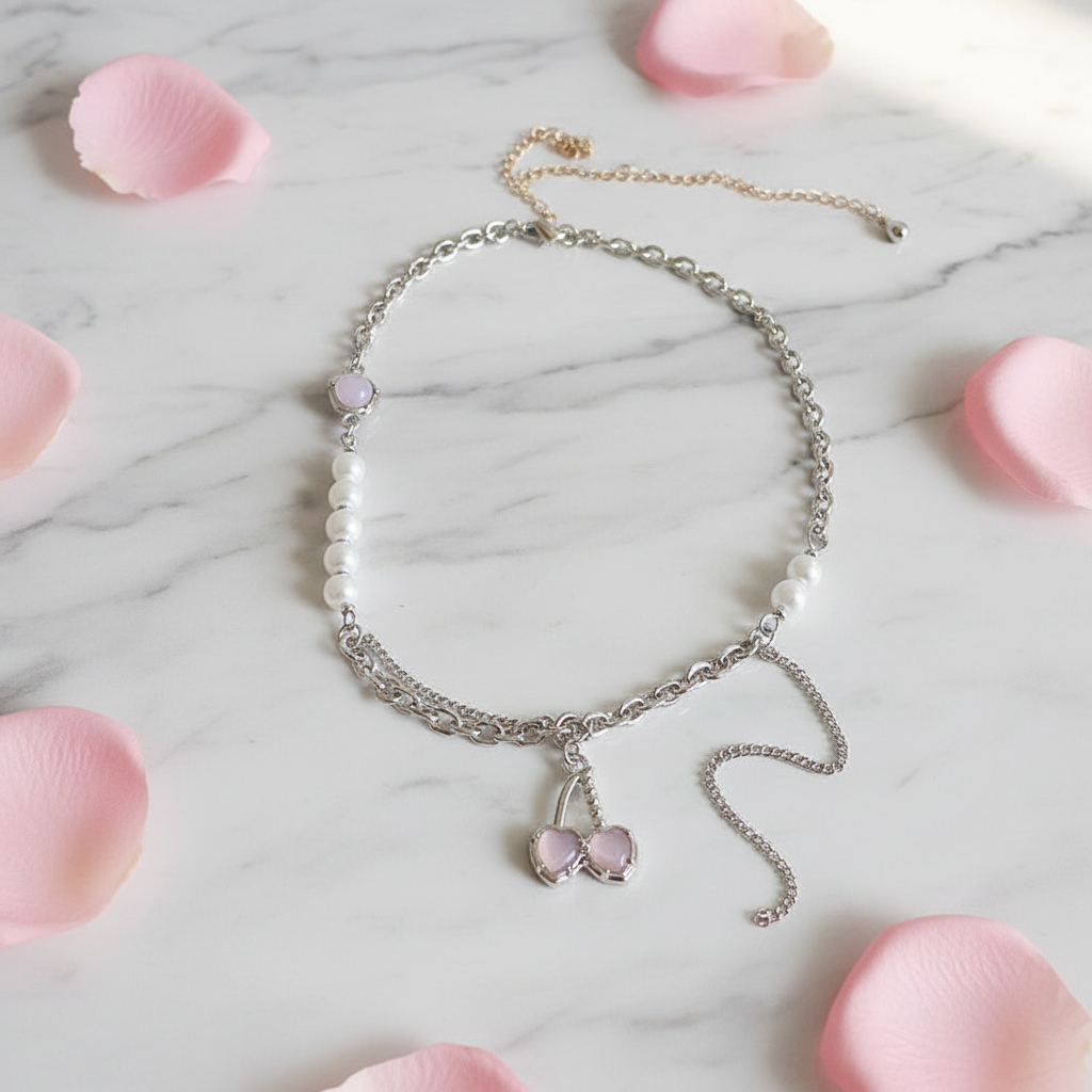 Pearl rhinestone tassel choker necklace flat lay on marble with rose petals