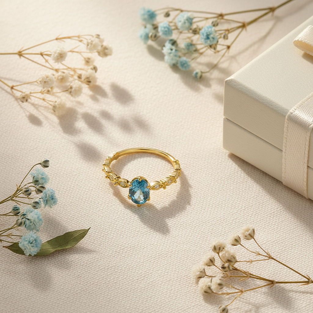 Flat lay of vintage marquise ring with blue topaz and gift box on cream surface