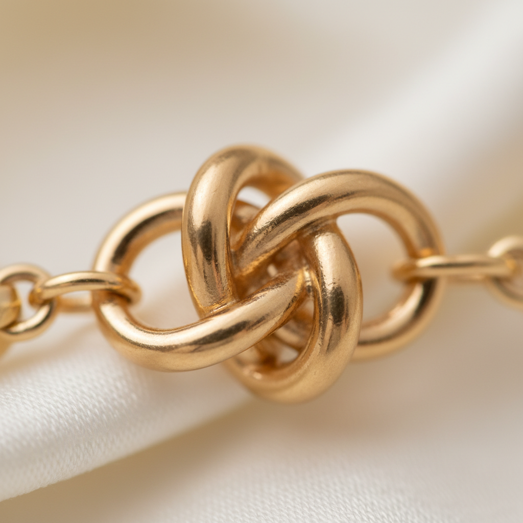 Macro close-up of 14K gold love knot bracelet charm showing infinity design detail
