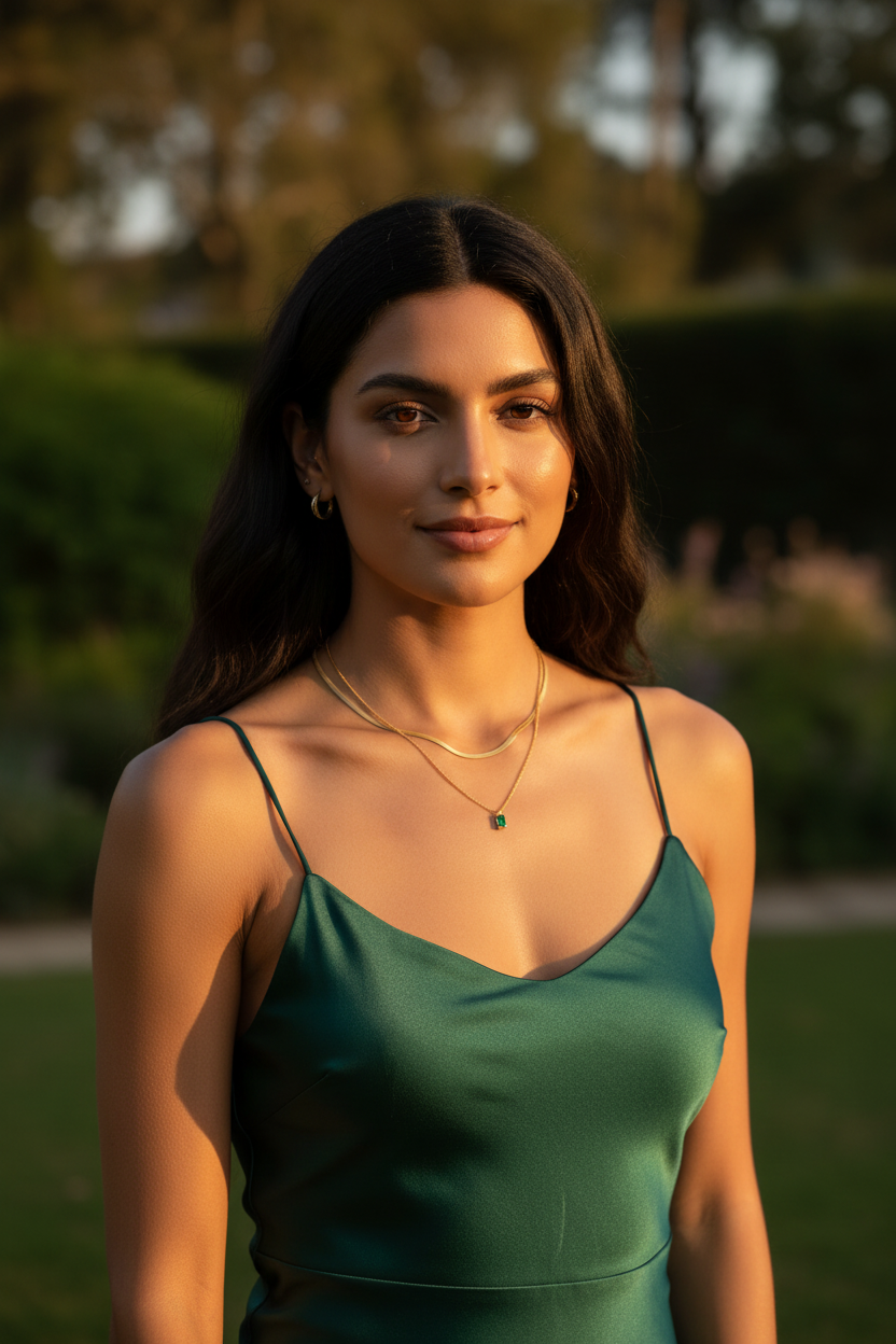 Woman with olive skin wearing a 14K gold-plated May green layered necklace set