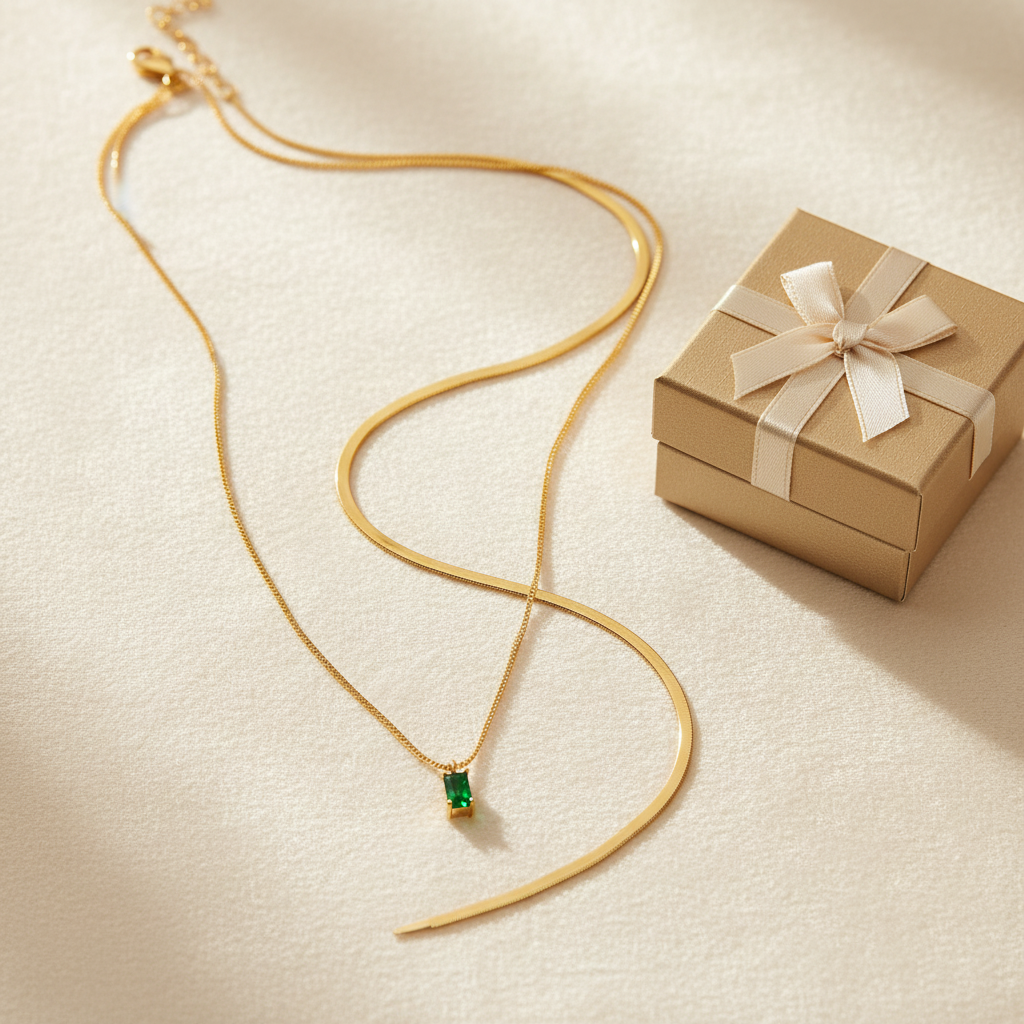 Woman wearing a 14K gold-plated May green layered necklace set