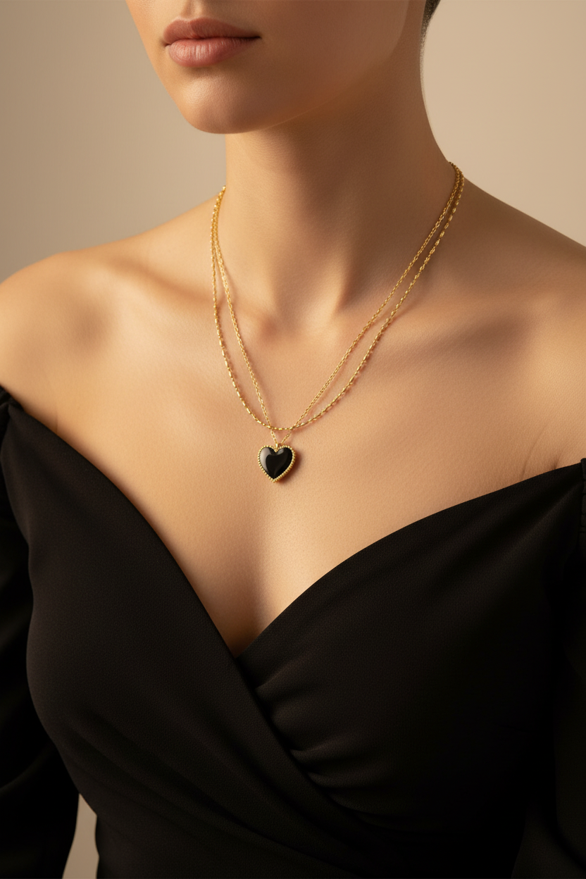 14K gold-plated layered necklace with onyx black heart pendant – view 5