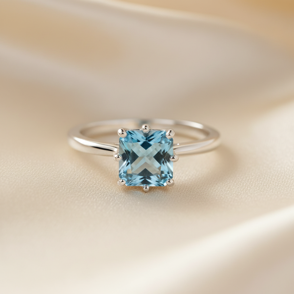 925 sterling silver ring with natural blue topaz hexagonal stone on cream background