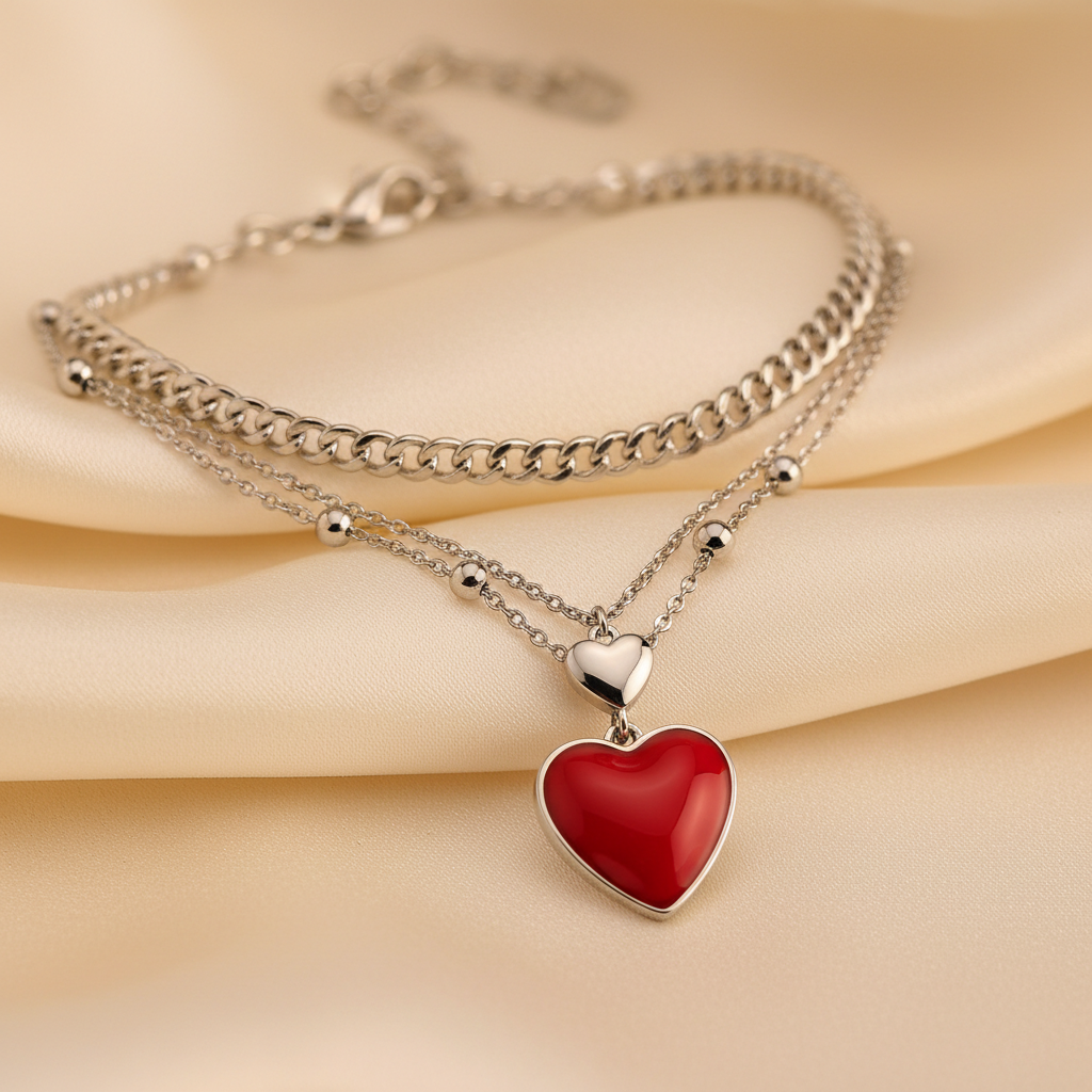 Stainless steel white gold plated red heart layered choker necklace on cream background