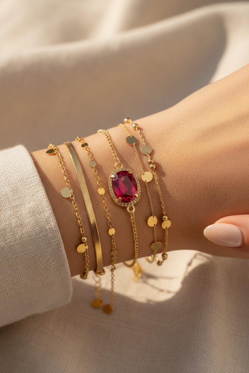 Woman's wrist wearing July birthstone bracelet stacked with other gold bracelets