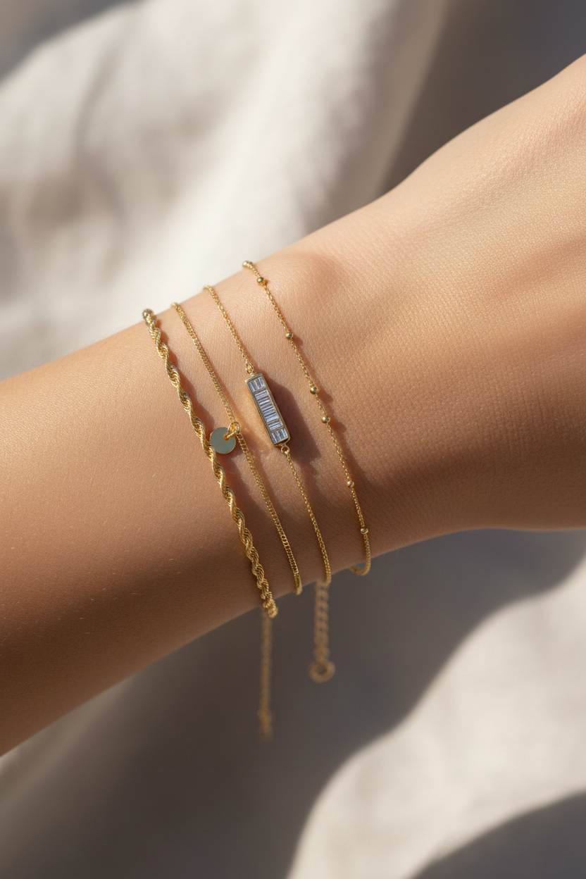 Woman's wrist wearing birthstone baguette bracelet stacked with other gold bracelets