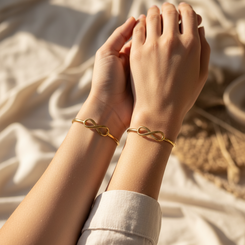 Couple wearing matching 14K gold love knot bracelets on their wrists