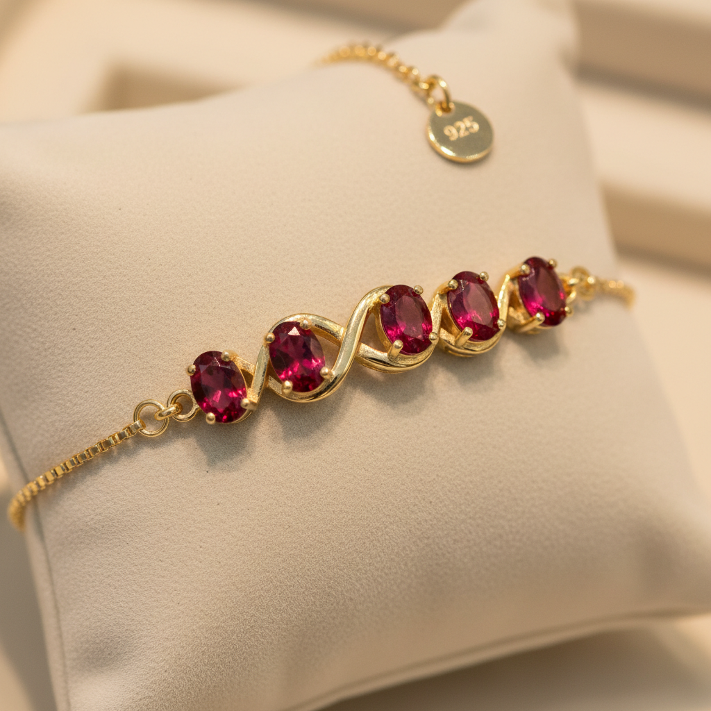 925 gold-plated silver July birthstone charm bracelet with oval ruby CZ stones on cream background