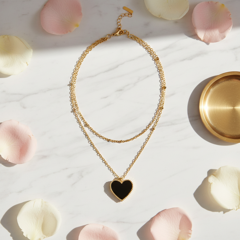 14K gold layered necklace with onyx black heart pendant flat lay on white marble with rose petals