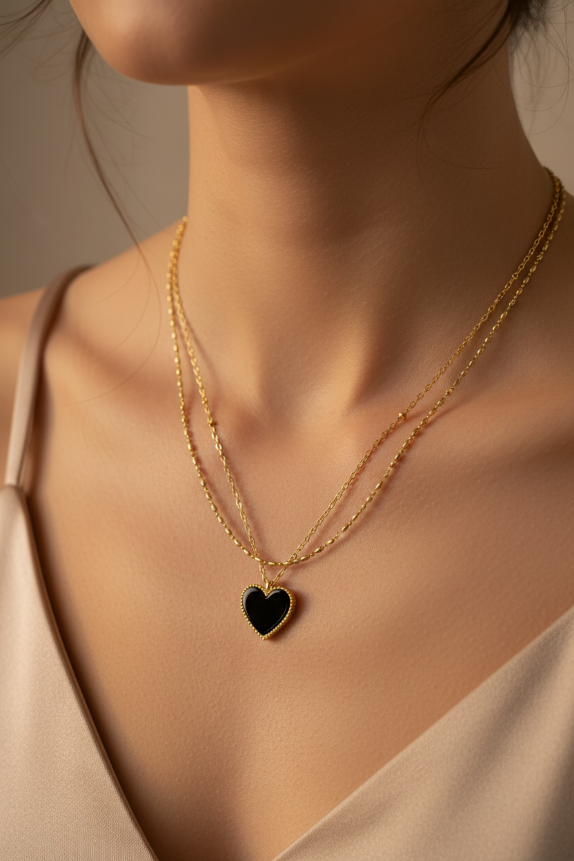 Woman wearing 14K gold layered necklace with onyx black heart pendant at collarbone
