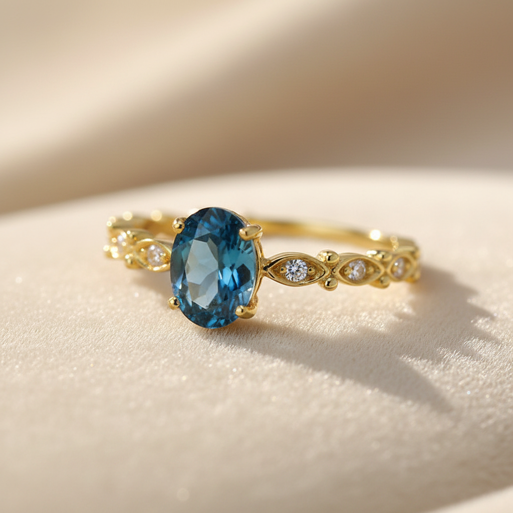 S925 silver vintage marquise ring with London blue topaz and 14K gold plating on cream background