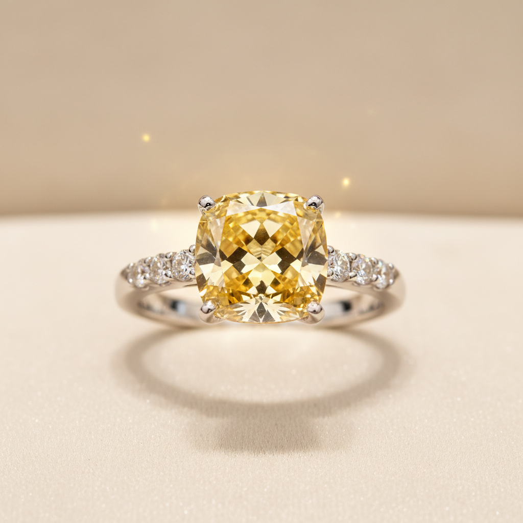 Yellow cubic zirconia floral statement ring in 925 sterling silver on a cream background