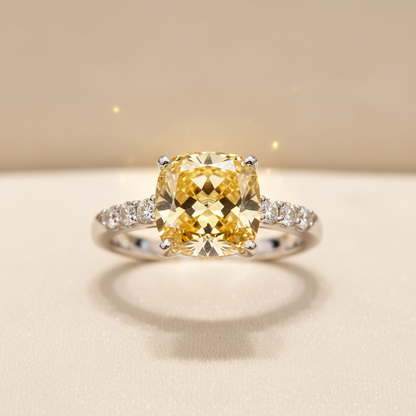 925 sterling silver yellow diamond ring with electroplated finish on cream background