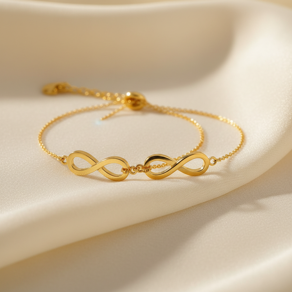 14K gold plated love knot matching bracelet set for couples on cream background