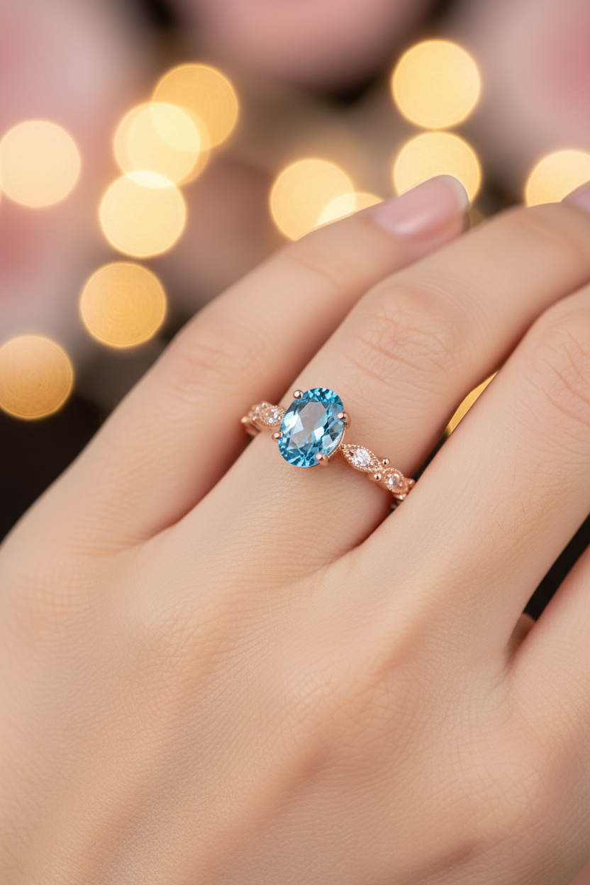Macro close-up of London blue topaz geometric ring worn on finger in rose gold setting