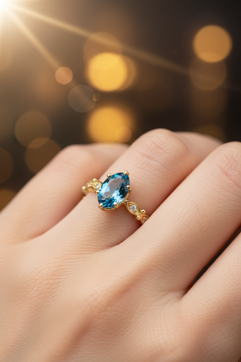 Macro close-up of London blue topaz vintage marquise ring worn on finger