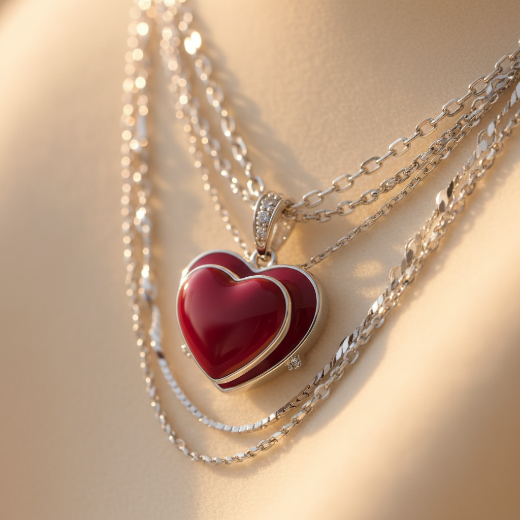 Macro close-up of red double heart pendant on white gold plated layered chain