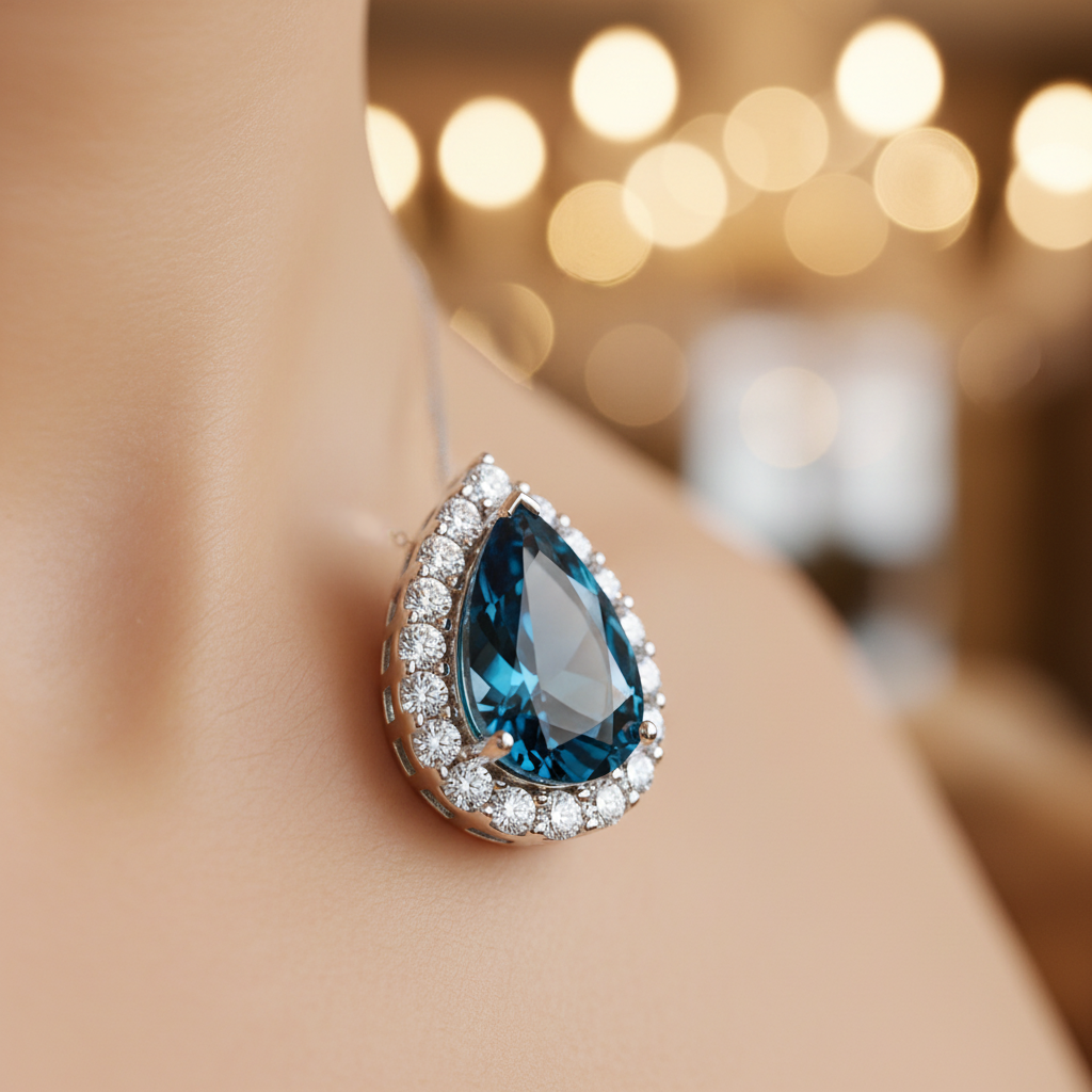 Close-up of simulated London blue topaz teardrop halo pendant worn at the collarbone