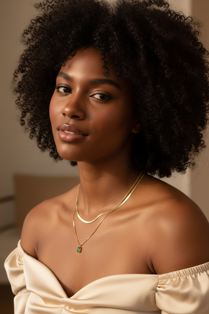Woman wearing a May green birthstone-inspired layered necklace set