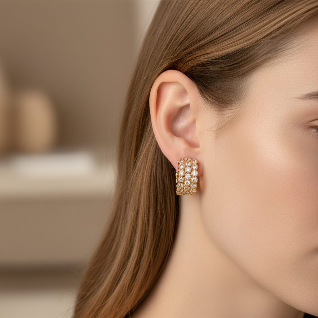 Gold-plated pave huggie hoop earrings worn on ear