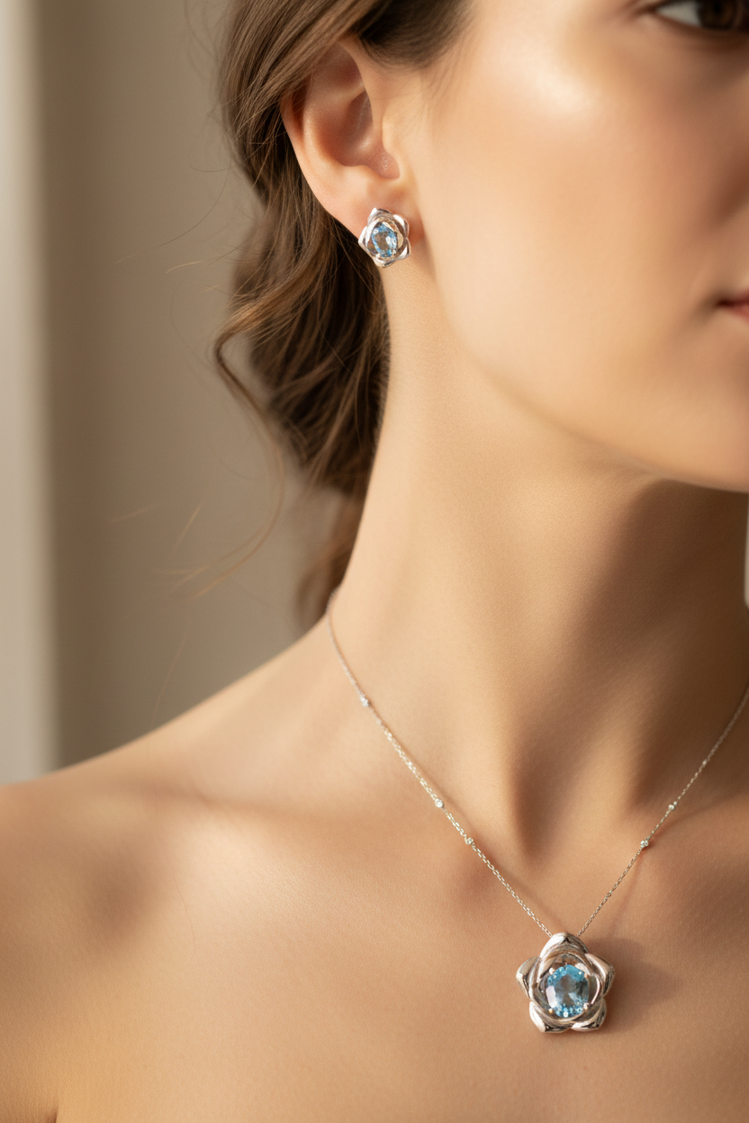 Woman wearing light blue CZ necklace and stud earrings