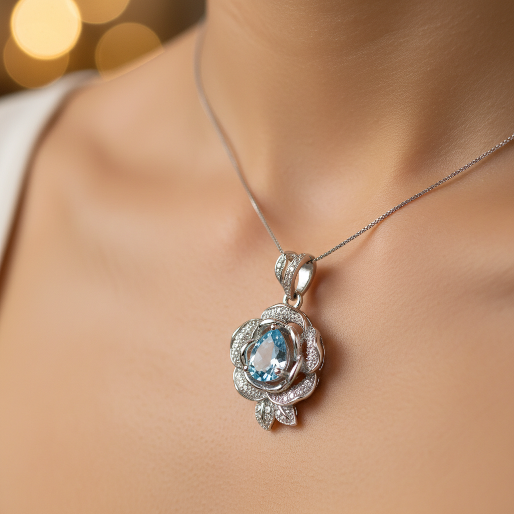 Light blue CZ pendant necklace and stud earring set
