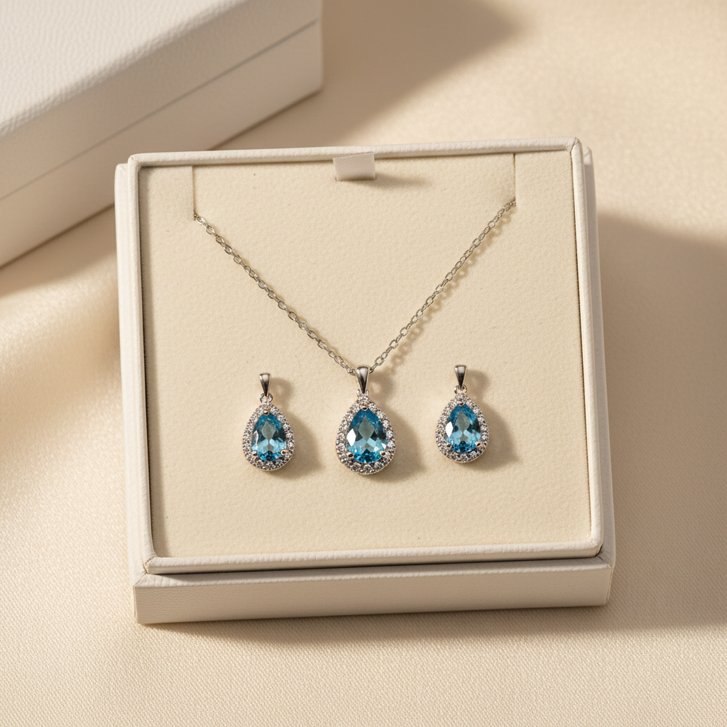 Flat lay of simulated London blue topaz teardrop halo necklace and earrings set in gift box