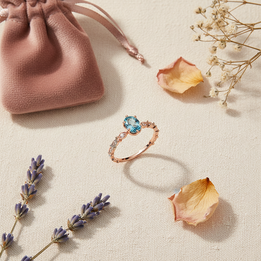 Flat lay of London blue topaz geometric ring with jewelry pouch and botanicals on cream surface