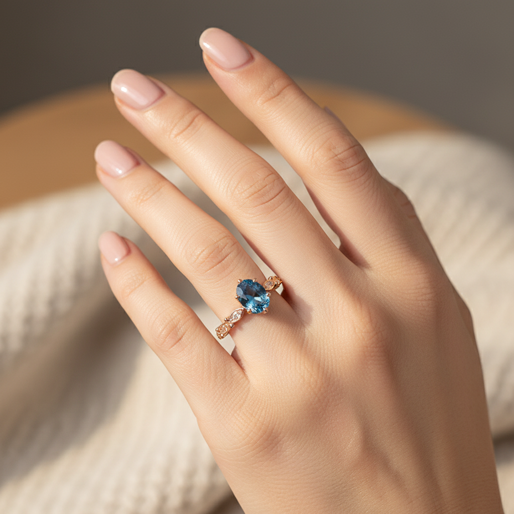 Woman's hand wearing natural London blue topaz geometric ring in rose gold from above