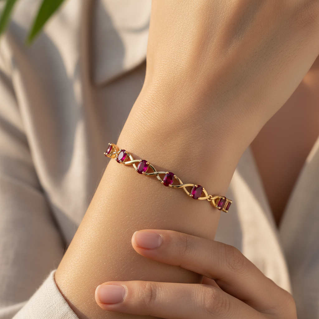 Woman's wrist wearing 925 gold-plated July birthstone charm bracelet with ruby red CZ stones