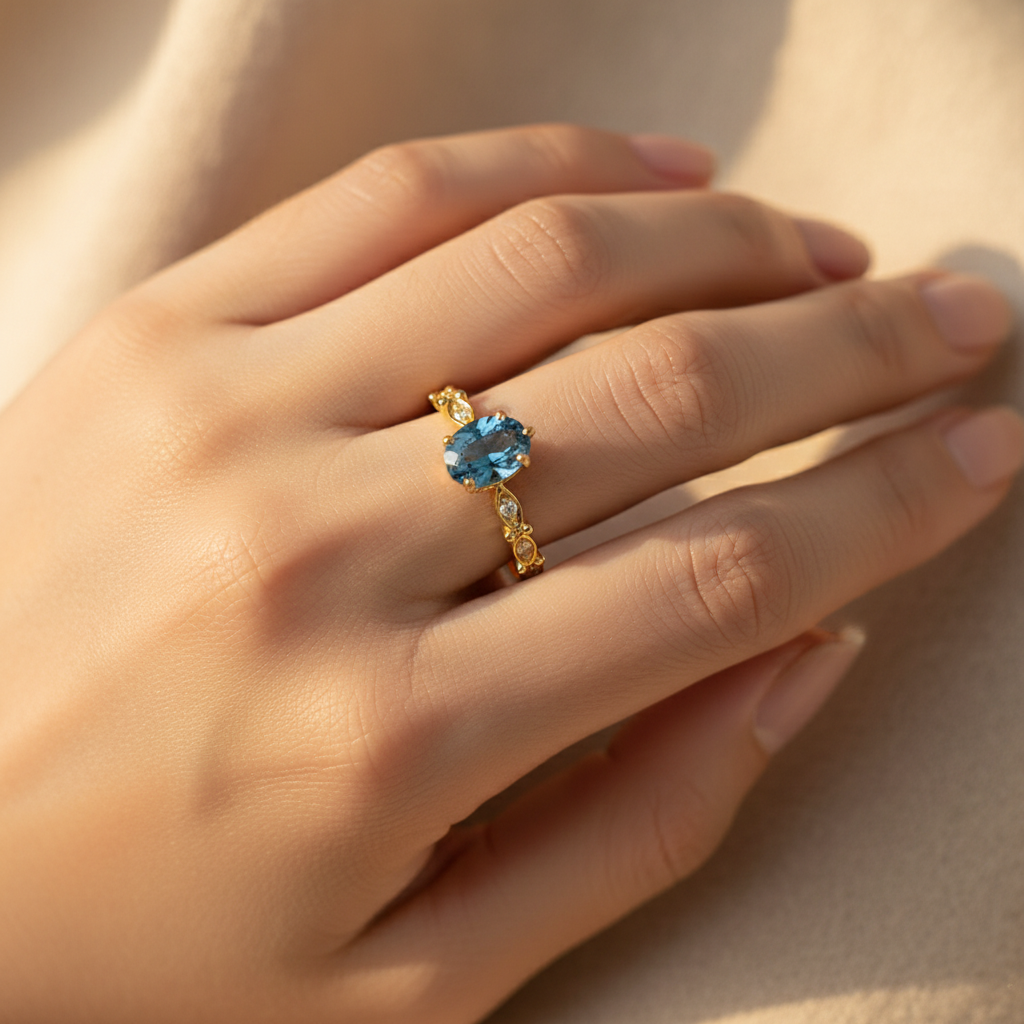 Woman's hand wearing S925 silver vintage marquise ring with London blue topaz