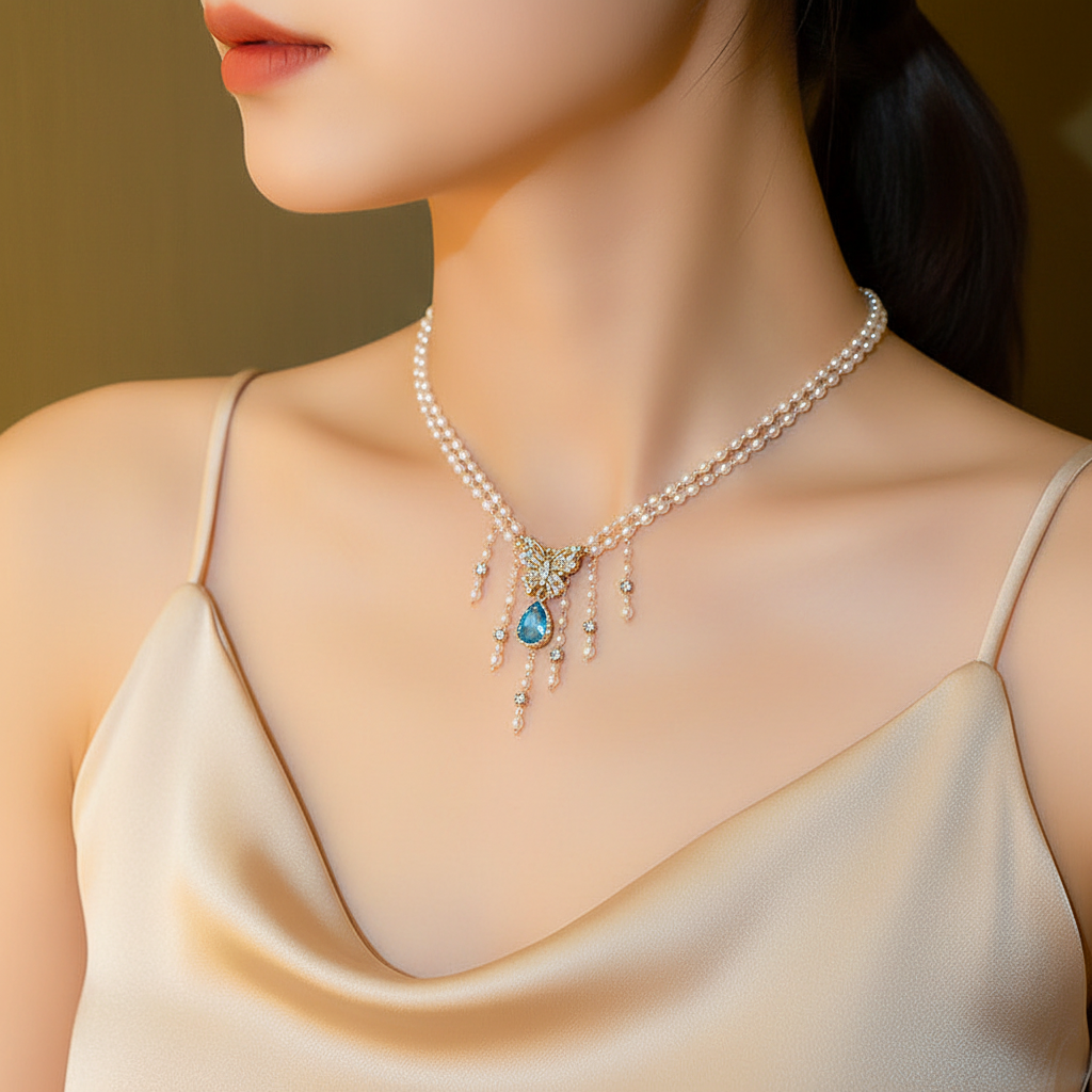 Pearl rhinestone tassel choker necklace worn on neck, lifestyle editorial shot