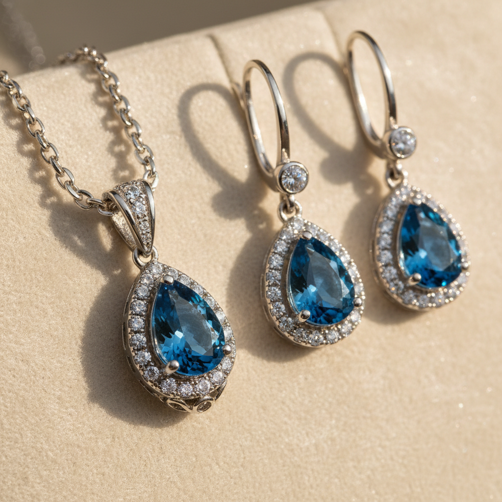 925 sterling silver simulated London blue topaz teardrop halo necklace and earrings set on cream background