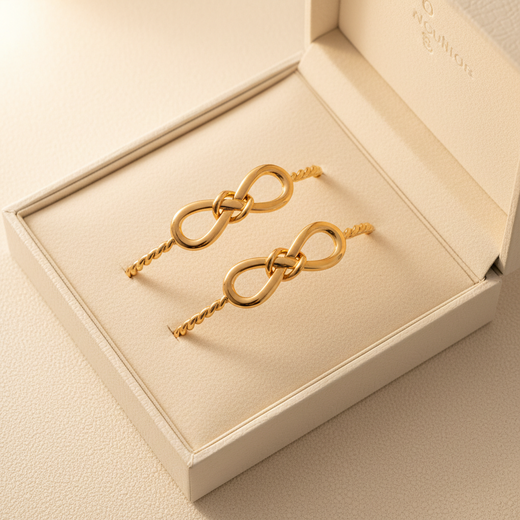 Two gold love knot bracelets displayed in an open jewelry gift box