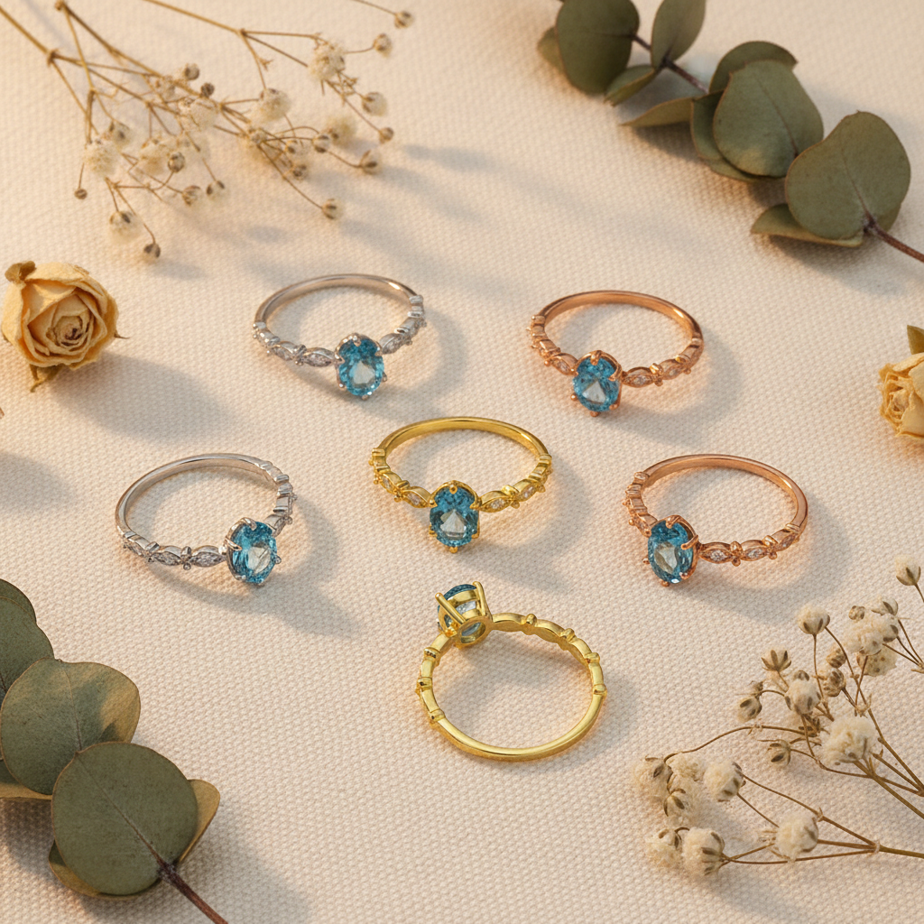 Flat lay of 925 silver hexagonal blue topaz rings with dried flowers on cream surface