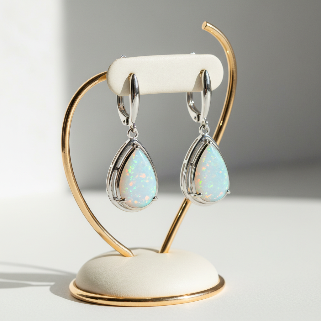 Close-up of 7x10mm pear-cut created opal teardrop earrings with leverback closure in sterling silver