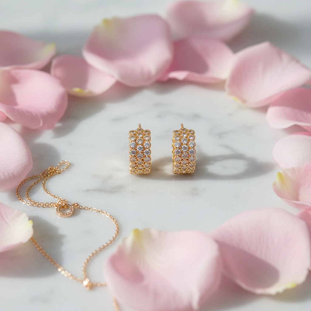 Gold-plated pave huggie hoop earrings flat lay with rose petals