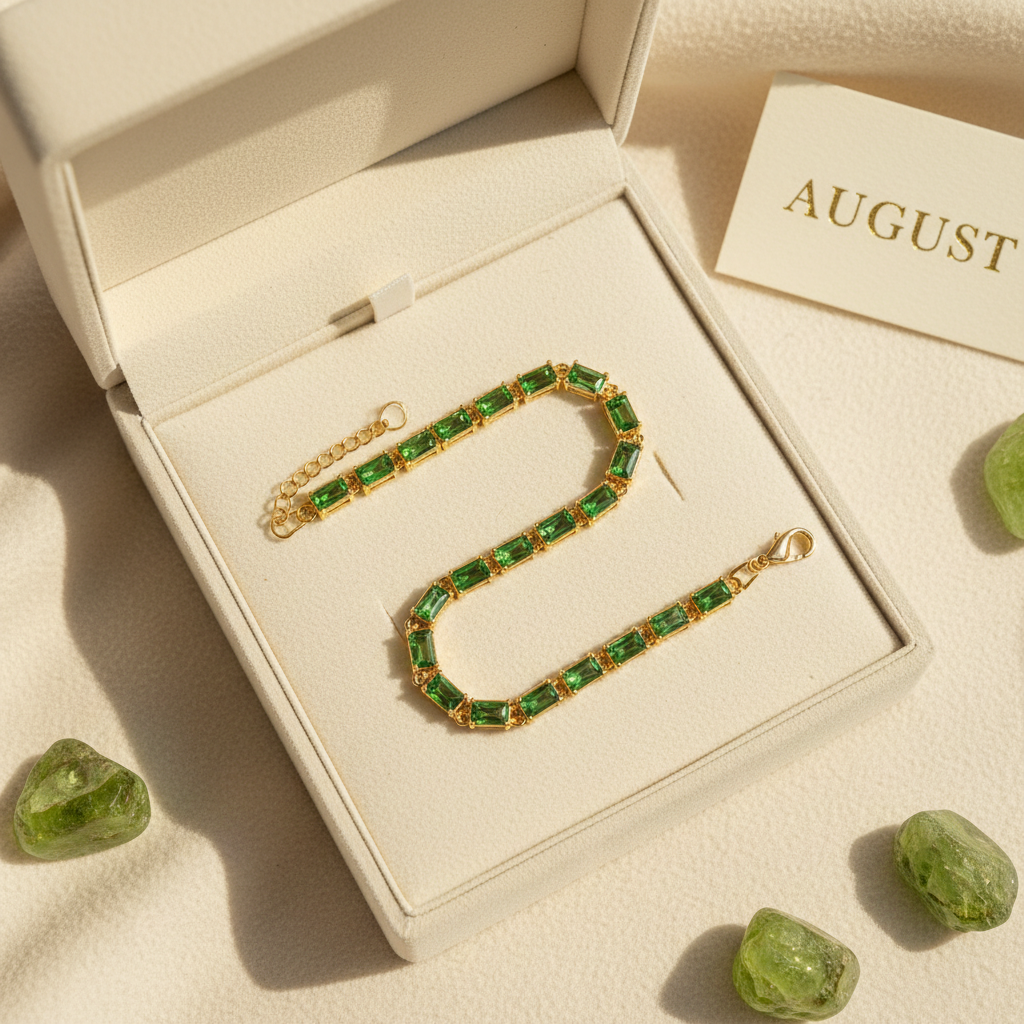 Flat lay of August birthstone baguette bracelet in open gift box on cream surface