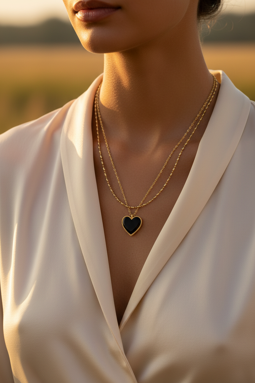 Woman wearing 14K gold layered necklace with onyx black heart pendant in golden hour sunlight