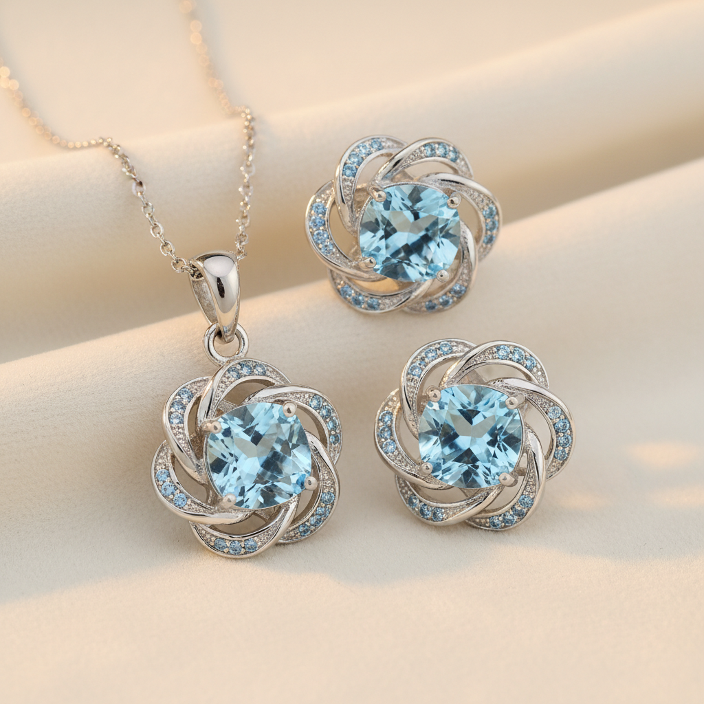 925 sterling silver necklace and earring set with light blue CZ